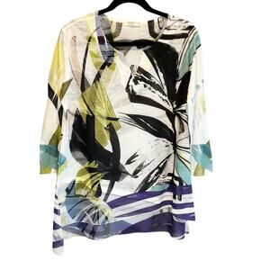 Jess & Jane Bright Abstract Floral 3/4 Sleeve Asymmetrical Tunic Top - Medium